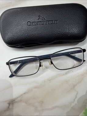 Chesterfield Men's Rectangular Navy Blue Metal-Trim Glasses preowned